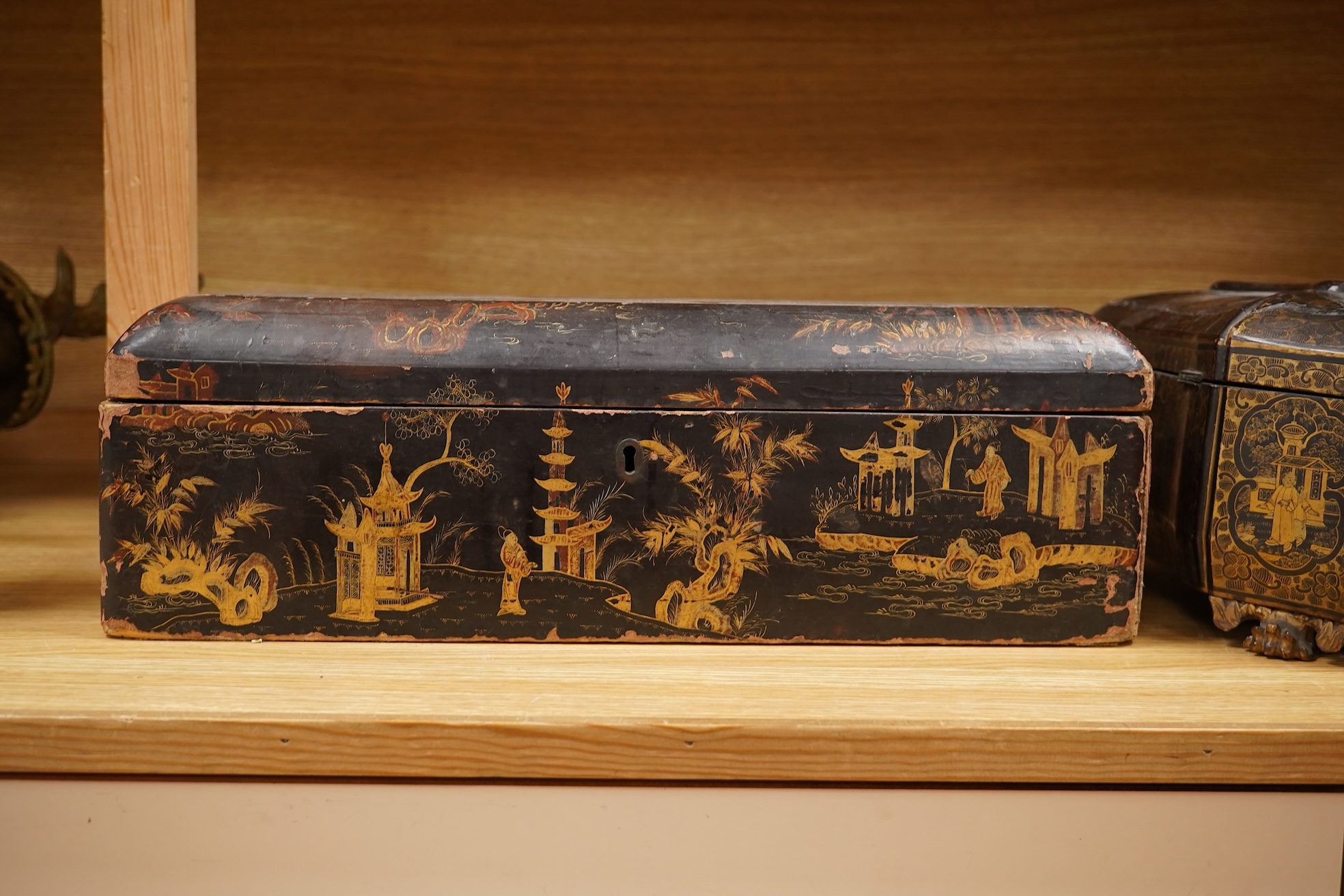 Two 19th century Chinese export lacquer boxes, to include a hexagonal example with front drawer and key, 36cm wide x 28cm deep x 16cm high
